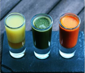 Juices in small glasses for tasting
